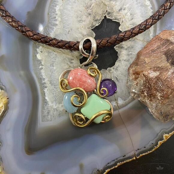 Carolyn Pollack Southwestern Style Sterling & Brass Multistone Decorated Pendant - Picture 2 of 10